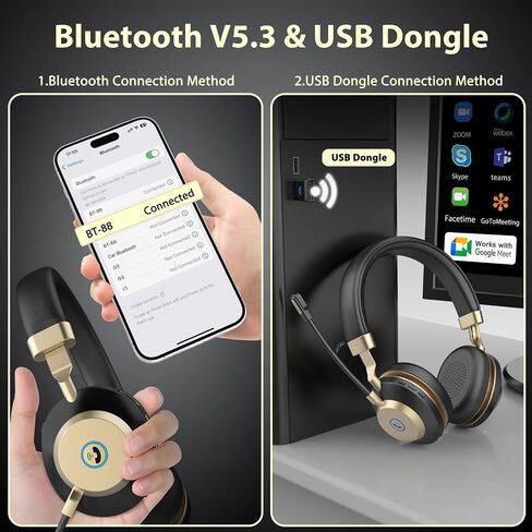 سماعة رأس لاسلكية من Earbay - سماعة بلوتوث V5.3 مع ميكروفون لإلغاء الضوضاء ودونجل USB، سماعات رأس وقت العمل 45 ساعة مع كتم صوت الميكروفون للهاتف والكمبيوتر الشخصي وفرق المكتب ومكالمات الاجتماعات التكبيرية in Kuwait