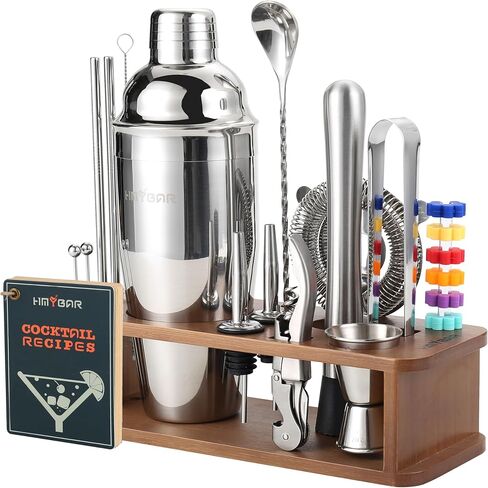 22-pc Cocktail Shaker Set(24oz/700ml) | Mixology Bartender Kit | Bar Set | Bar Tool Set | Martini Making Set with 39-Recipe Cocktail Cards & Kit's Deco, Bamboo Stand Black Color, Silver Tools in Saudi Arabia