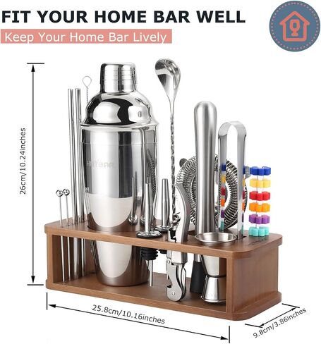 22-pc Cocktail Shaker Set(24oz/700ml) | Mixology Bartender Kit | Bar Set | Bar Tool Set | Martini Making Set with 39-Recipe Cocktail Cards & Kit's Deco, Bamboo Stand Black Color, Silver Tools in Saudi Arabia