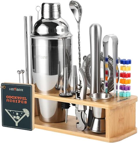 22-pc Cocktail Shaker Set(24oz/700ml) | Mixology Bartender Kit | Bar Set | Bar Tool Set | Martini Making Set with 39-Recipe Cocktail Cards & Kit's Deco, Bamboo Stand Black Color, Silver Tools in Saudi Arabia
