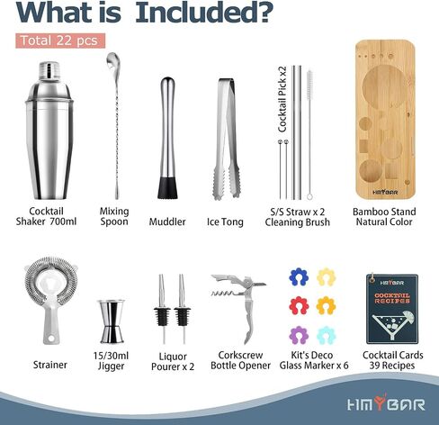 22-pc Cocktail Shaker Set(24oz/700ml) | Mixology Bartender Kit | Bar Set | Bar Tool Set | Martini Making Set with 39-Recipe Cocktail Cards & Kit's Deco, Bamboo Stand Black Color, Silver Tools in Saudi Arabia