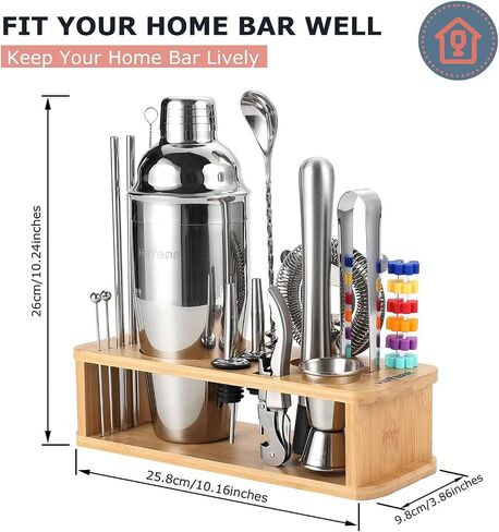 22-pc Cocktail Shaker Set(24oz/700ml) | Mixology Bartender Kit | Bar Set | Bar Tool Set | Martini Making Set with 39-Recipe Cocktail Cards & Kit's Deco, Bamboo Stand Black Color, Silver Tools in Saudi Arabia