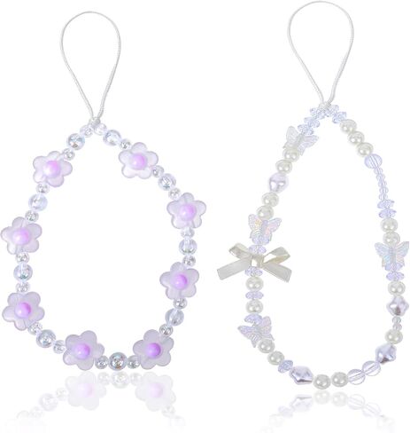 2Pcs Phone Charm Strap, Crystal Butterfly Flower Pearl Phone Beaded Wrist Strap Phone Bracelet Lanyard for Women Phone Keychain Charm in Saudi Arabia