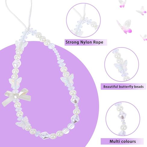 2Pcs Phone Charm Strap, Crystal Butterfly Flower Pearl Phone Beaded Wrist Strap Phone Bracelet Lanyard for Women Phone Keychain Charm in Saudi Arabia