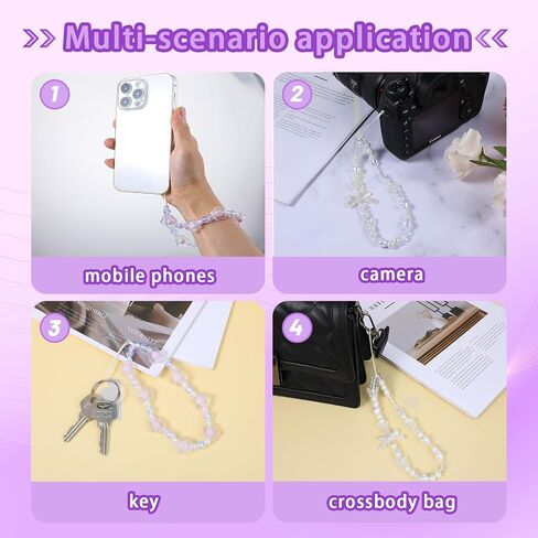 2Pcs Phone Charm Strap, Crystal Butterfly Flower Pearl Phone Beaded Wrist Strap Phone Bracelet Lanyard for Women Phone Keychain Charm in Saudi Arabia