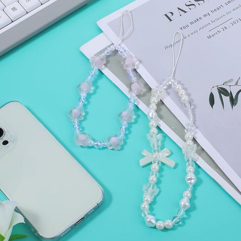 2Pcs Phone Charm Strap, Crystal Butterfly Flower Pearl Phone Beaded Wrist Strap Phone Bracelet Lanyard for Women Phone Keychain Charm in Saudi Arabia