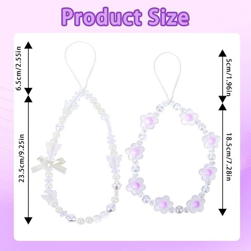 2Pcs Phone Charm Strap, Crystal Butterfly Flower Pearl Phone Beaded Wrist Strap Phone Bracelet Lanyard for Women Phone Keychain Charm in Saudi Arabia
