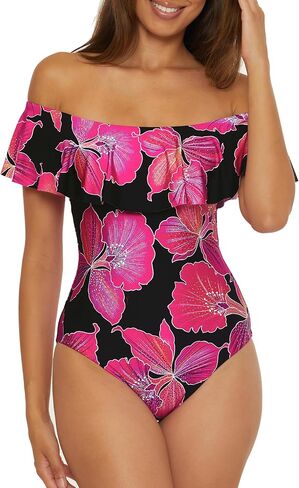 Trina Turk Women's Ruffle One Piece Swimsuit, Off Shoulder, Bathing Suits in Saudi Arabia