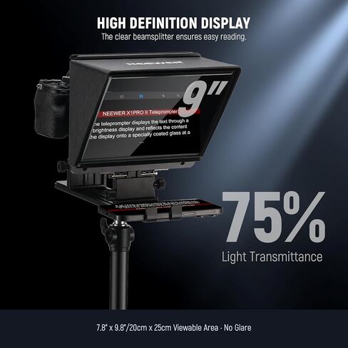 NEEWER X1 Pro II Teleprompter 9 بوصات جميع المعادن مع جهاز تحكم عن بعد/تطبيق RT113، مفتاح سريع 1 ثانية قفل Arca نوع لوحة QR، مشبك هاتف مغناطيسي متوافق مع هاتف iPhone Android الذكي، تجميع مجاني in Saudi Arabia