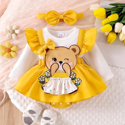 Baby Girl Clothes Newborn Outfits Infant Ruffle One Piece Romper Cute Cartoon Dress with Headband 0-18 Months in Saudi Arabia