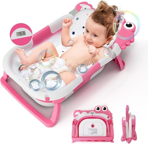 حوض استحمام للأطفال قابل للطي للرضع والأطفال الصغار مع وسادة عائمة لمراقبة درجة الحرارة في الوقت الحقيقي، مجموعة حوض استحمام للأطفال قابلة للطي من عمر 0 ​​إلى 36 شهرًا، حوض استحمام محمول للسفر للأطفال حديثي الولادة الأولاد والبنات (وردي) in Kuwait