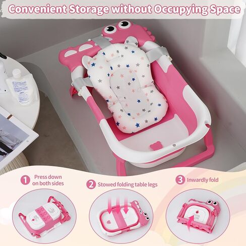 حوض استحمام للأطفال قابل للطي للرضع والأطفال الصغار مع وسادة عائمة لمراقبة درجة الحرارة في الوقت الحقيقي، مجموعة حوض استحمام للأطفال قابلة للطي من عمر 0 ​​إلى 36 شهرًا، حوض استحمام محمول للسفر للأطفال حديثي الولادة الأولاد والبنات (وردي) in Kuwait
