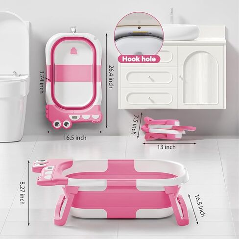 حوض استحمام للأطفال قابل للطي للرضع والأطفال الصغار مع وسادة عائمة لمراقبة درجة الحرارة في الوقت الحقيقي، مجموعة حوض استحمام للأطفال قابلة للطي من عمر 0 ​​إلى 36 شهرًا، حوض استحمام محمول للسفر للأطفال حديثي الولادة الأولاد والبنات (وردي) in Kuwait