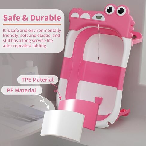 حوض استحمام للأطفال قابل للطي للرضع والأطفال الصغار مع وسادة عائمة لمراقبة درجة الحرارة في الوقت الحقيقي، مجموعة حوض استحمام للأطفال قابلة للطي من عمر 0 ​​إلى 36 شهرًا، حوض استحمام محمول للسفر للأطفال حديثي الولادة الأولاد والبنات (وردي) in Kuwait