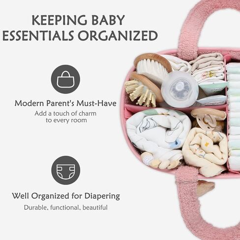 CLYMENE Baby Diaper Caddy Organizer, Nursery Storage Basket for Diapers and Wipes - Newborn Changing Table Essentials, Baby Gift Registry for Baby Shower - Diaper Tote Bag for Car Travel - Powder Pink in Saudi Arabia