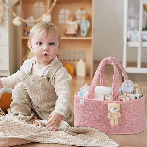 CLYMENE Baby Diaper Caddy Organizer, Nursery Storage Basket for Diapers and Wipes - Newborn Changing Table Essentials, Baby Gift Registry for Baby Shower - Diaper Tote Bag for Car Travel - Powder Pink in Saudi Arabia