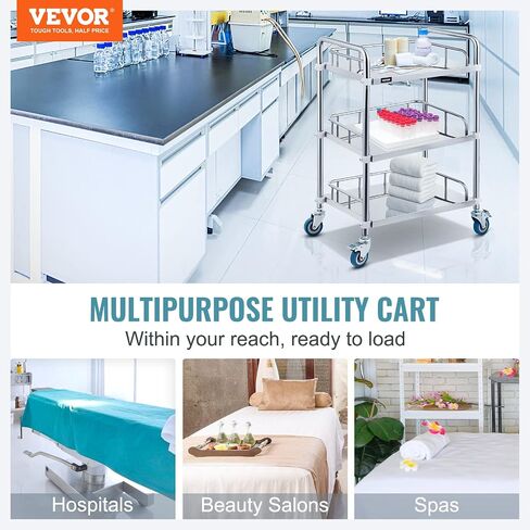 VEVOR Lab Rolling Cart 3 Shelves Shelf Stainless Steel Rolling Cart Catering Dental Utility Cart Commercial Wheel Dolly Restaurant Dinging Utility Services (23.4" x 15.6" x 33.2") in Saudi Arabia