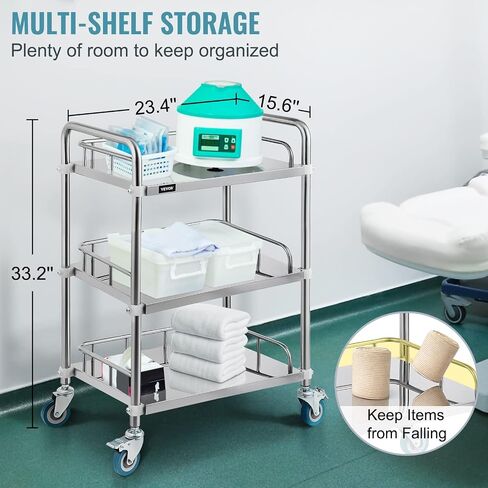 VEVOR Lab Rolling Cart 3 Shelves Shelf Stainless Steel Rolling Cart Catering Dental Utility Cart Commercial Wheel Dolly Restaurant Dinging Utility Services (23.4" x 15.6" x 33.2") in Saudi Arabia