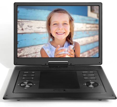 مشغل DVD محمول مقاس 17.9 بوصة مع شاشة كبيرة عالية الدقة مقاس 15.6 بوصة، بطارية قابلة لإعادة الشحن لمدة 4-6 ساعات، مكبرات صوت مزدوجة، منطقة خالية، جهاز تحكم عن بعد، يدعم مزامنة تنسيقات الأقراص المتعددة، USB/SD، أسود in Kuwait