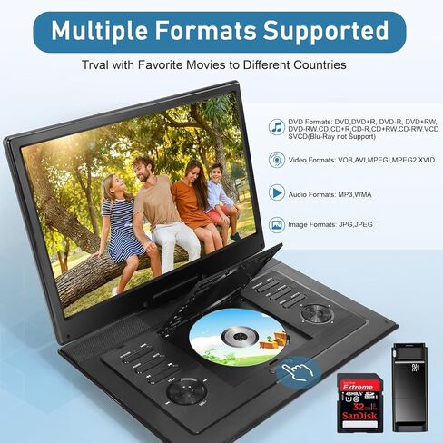 مشغل DVD محمول مقاس 17.9 بوصة مع شاشة كبيرة عالية الدقة مقاس 15.6 بوصة، بطارية قابلة لإعادة الشحن لمدة 4-6 ساعات، مكبرات صوت مزدوجة، منطقة خالية، جهاز تحكم عن بعد، يدعم مزامنة تنسيقات الأقراص المتعددة، USB/SD، أسود in Kuwait