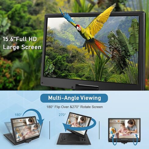 مشغل DVD محمول مقاس 17.9 بوصة مع شاشة كبيرة عالية الدقة مقاس 15.6 بوصة، بطارية قابلة لإعادة الشحن لمدة 4-6 ساعات، مكبرات صوت مزدوجة، منطقة خالية، جهاز تحكم عن بعد، يدعم مزامنة تنسيقات الأقراص المتعددة، USB/SD، أسود in Kuwait