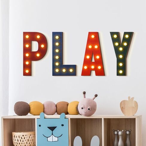 Blosssound Playroom Wall Decor 11.81 Inch Wooden Lighted Play Letters Sign Boho Play Letters Set Wall Signs with LED String for Toddler Girls Boys Playroom Art Nursery Room Decorations in Saudi Arabia