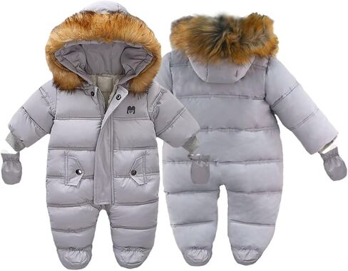 Baby Boys Girls Snowsuit with Gloves Toddler Winter Hooded Footie Infant Warm Jumpsuit Outerwer Thick Newborn Coat in Saudi Arabia