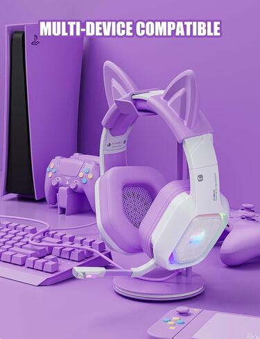 ZIUMIER Purple Gaming Headset with Microphone, Compatible with PS4 PS5 Xbox One PC Laptop, Over-Ear Headphones with Detachable Cat Ears, Noise Canceling Mic, Stereo Surround Sound and RGB Light in Saudi Arabia