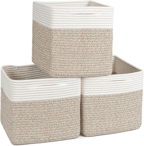 ZLG Cube Storage Bins for Shelf 11x11 Inch Suqare Rope Baskets Baby Toy Organzier Nursery Cube Storage Shelves Woven Storage Basket for Closet, Brown in Saudi Arabia