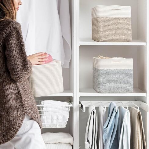 ZLG Cube Storage Bins for Shelf 11x11 Inch Suqare Rope Baskets Baby Toy Organzier Nursery Cube Storage Shelves Woven Storage Basket for Closet, Brown in Saudi Arabia