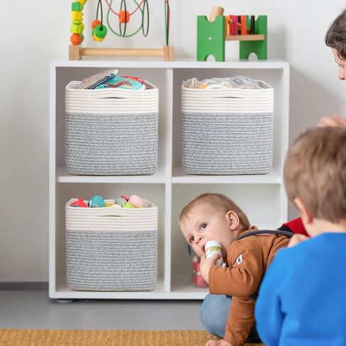 صناديق تخزين مكعبة من ZLG للرف مقاس 11 × 11 بوصة سلال حبل Suqare لعبة أطفال منظم أرفف تخزين مكعبة للحضانة، سلة تخزين منسوجة للخزانة، بني in Kuwait