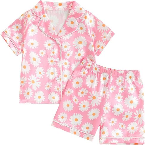 Multitrust Baby Girls Silk Pajamas Set Daisy Floral Girl Short Sleeve Button Down Shirts and Shorts Matching Pj Lounge Set in Saudi Arabia