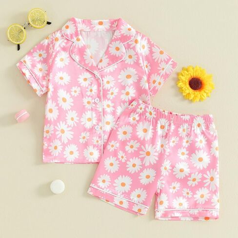 Multitrust Baby Girls Silk Pajamas Set Daisy Floral Girl Short Sleeve Button Down Shirts and Shorts Matching Pj Lounge Set in Saudi Arabia