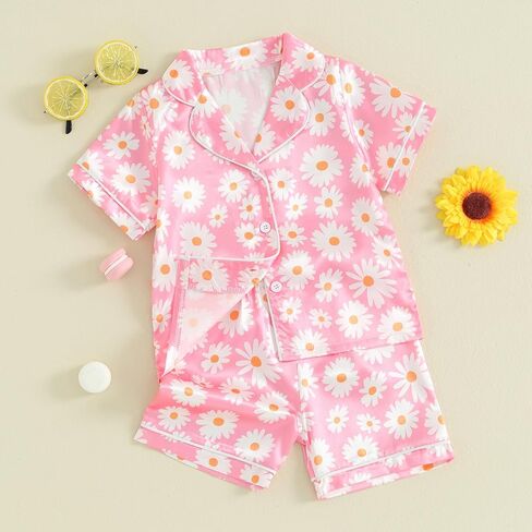 Multitrust Baby Girls Silk Pajamas Set Daisy Floral Girl Short Sleeve Button Down Shirts and Shorts Matching Pj Lounge Set in Saudi Arabia