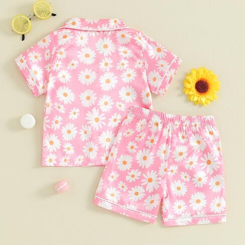 Multitrust Baby Girls Silk Pajamas Set Daisy Floral Girl Short Sleeve Button Down Shirts and Shorts Matching Pj Lounge Set in Saudi Arabia