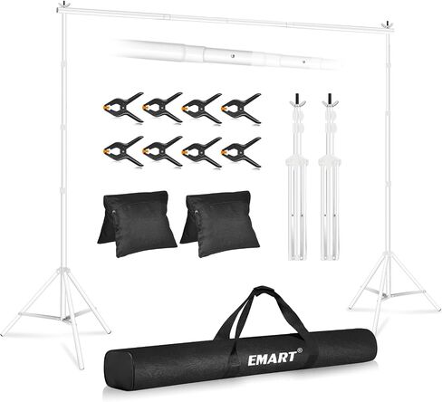 حامل خلفية EMART مقاس 10 × 8.5 قدم (عرض × ارتفاع) طقم دعم حامل خلفية قابل للتعديل في استوديو الصور مع شريطين متقاطعين و8 مشابك خلفية و2 كيس رمل وحقيبة حمل لتزيين الحفلات والمناسبات - أبيض in Saudi Arabia