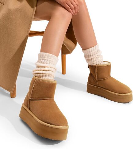 DREAM PAIRS Genuine Suede Classic Platform Boots for Women Water Resistant FuzzyClassic Ankle Winter Snow Low Boots with DIY Bows Faux Fur Lining Memory Foam Anti-Slip in Saudi Arabia