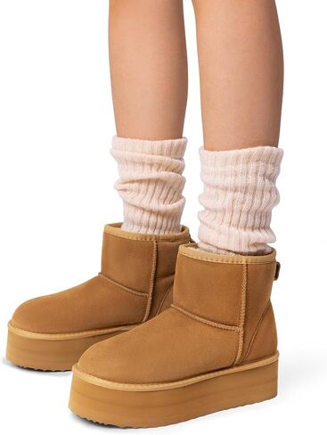 DREAM PAIRS Genuine Suede Classic Platform Boots for Women Water Resistant FuzzyClassic Ankle Winter Snow Low Boots with DIY Bows Faux Fur Lining Memory Foam Anti-Slip in Saudi Arabia