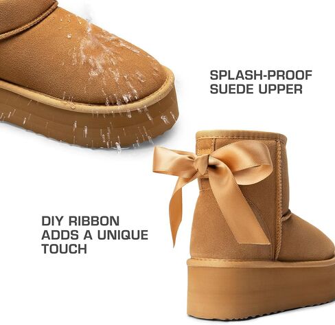 DREAM PAIRS Genuine Suede Classic Platform Boots for Women Water Resistant FuzzyClassic Ankle Winter Snow Low Boots with DIY Bows Faux Fur Lining Memory Foam Anti-Slip in Saudi Arabia