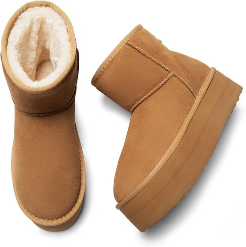 DREAM PAIRS Genuine Suede Classic Platform Boots for Women Water Resistant FuzzyClassic Ankle Winter Snow Low Boots with DIY Bows Faux Fur Lining Memory Foam Anti-Slip in Saudi Arabia