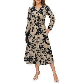 فستان Maggeer النسائي للخريف بخصر مكشكش متوسط ​​الطول مع جيوب زهور بوهو انسيابي لحفلات الزفاف على شكل حرف A وأكمام طويلة in Kuwait