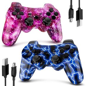 Degulan PS3 Controller Wireless, Gaming Remote Joystick for Playstation 3 with Charger Cable Cord (BlueFlash and PurpleSky)