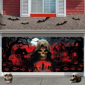 Trgowaul Happy Halloween Decorations, Black Red Garage Door Cover Decorations, Large Halloween Grim Reaper Banner Backdrop, Halloween Outdoor Party Supplies Photography Background Sign(16 * 7 ft)