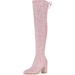 Allegra K Women's Glitter Round Toe Chunky Heel Over the Knee High Boots