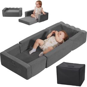 Toddler Travel Bed, Portable Foldable Toddler Bed, Raised Safety Bumpers，Converts to Two Sofas, Removable Washable Chair Cover and Carrying Handle with Storage Bag (Gray)…