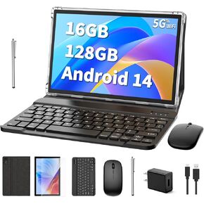 Android 14 Tablet, 10 inch Tablet with Keyboard, 16GB+128GB, 1TB Expand, Octa-Core, 2.4G/5G WiFi, 8000mAh, BT V5.0, GMS Certified, IPS Touch Screen, GPS, 2 in 1 Tablet with Case, Mouse, Stylus(Black)
