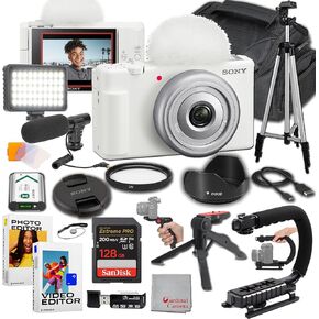 Sony ZV-1F (White) Content Creator's Ultimate Kit: 128GB Extreme Memory, Mic, Video Light, Editing Software, U-Grip, and Tripod Bundle (21pc), compact, Black