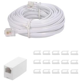 20 Feet Long Telephone Extension Cord Phone Cable Line Wire, with Standard RJ11 Plug and 1 in-Line Couplers and 15 Cable Clip Holders-White (20 Feet)