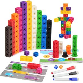 BenBen 121 PCS Math Linking Cubes Set with 30 Math Games - 10 Colors 100 PCS Blocks, 15 Activity Cards, 2 Dice, 3 Markers & Storage Bag, STEM Educational Toys for Kids Ages 3-8