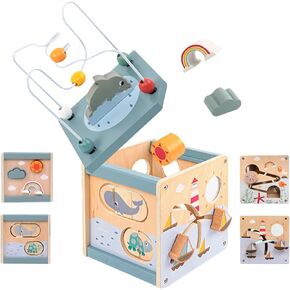 Wooden Activity Cube，6-in-1 Activity Cube，Wooden Activity Cube for Toddlers 1-3，Wooden Learning Toys Activity Cube for 1 Year Old，Montessori Activity Cube Birthday